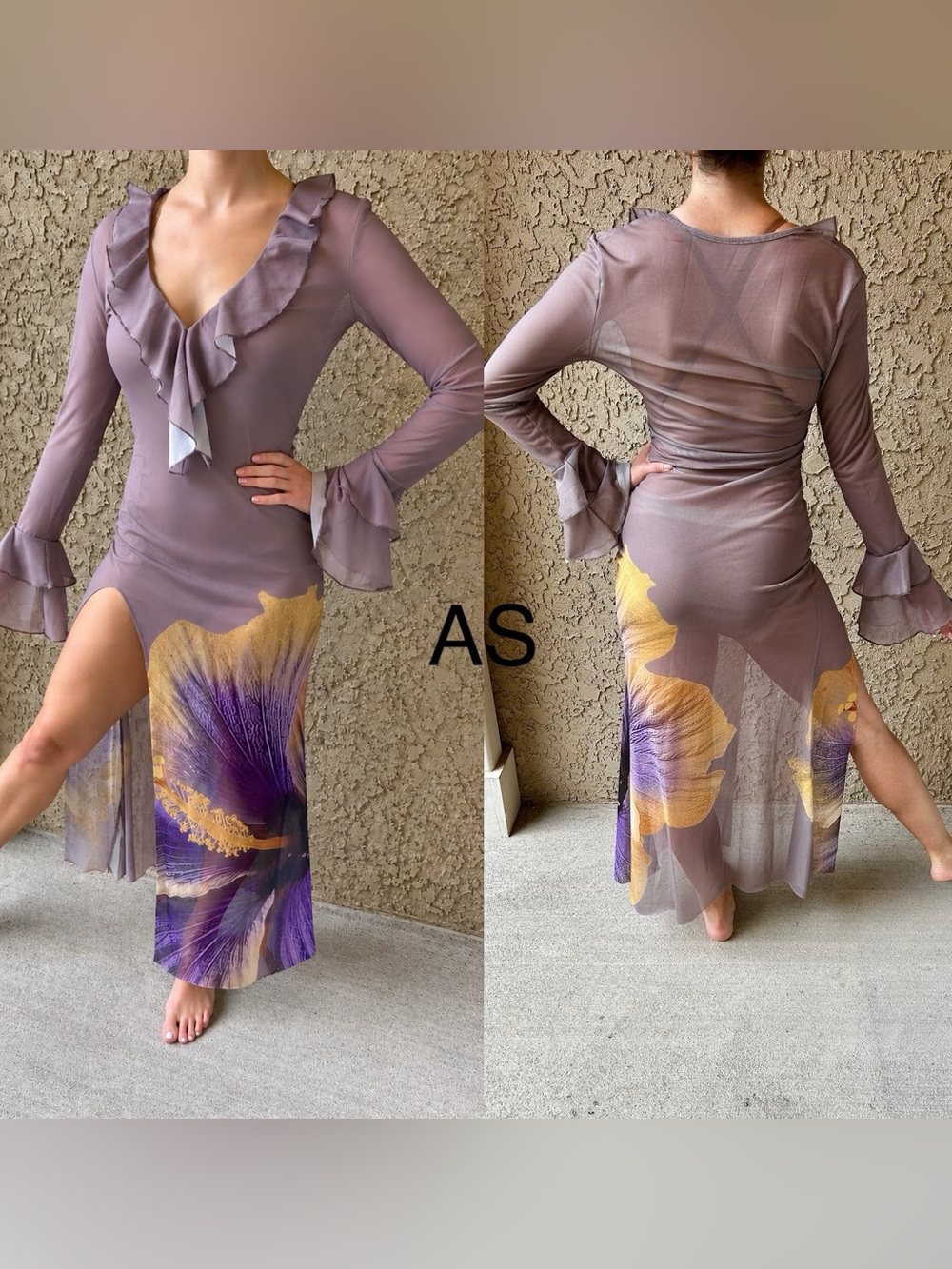 Semi-Sheer Ruffle Maxi Dress in Mauve with Purple & Gold Floral